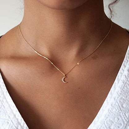 HANLI 14K Gold Plated Necklaces for Women - Dainty Butterfly, Star of David, Moon and Star, Sun, Lotus, Infinity, Hummingbird, Bee,Boots,Chill,Sunflower Pendant Designs - Elegant Jewelry for Women - color: Moon and Star