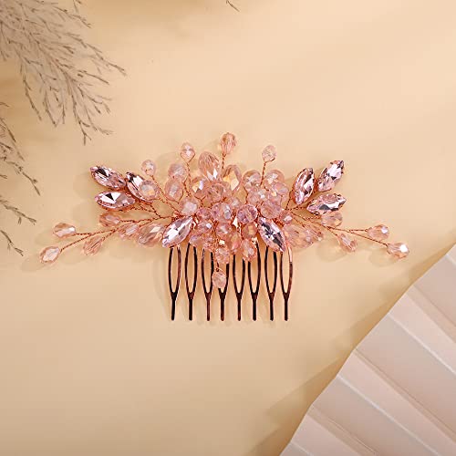 Teyglen Dainty Simple Full Rhinestones Hair Comb Pink Rose Gold Bride Wedding Hair Comb Luxurious Shiny Crystal Bridal Side Hair Pieces Hair Accessories for Women Girls (Pink) - color: Pink