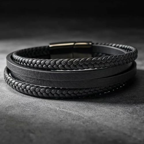 Italian Handmade Leather Bracelets for Men - color: Wrap Black, size: 8.2"