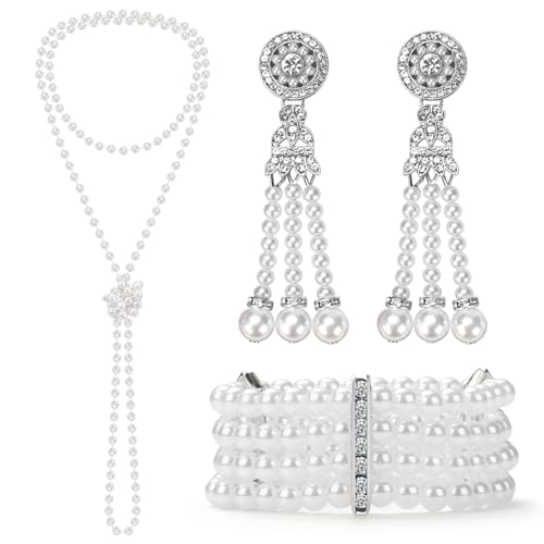 1920s Pearl Jewelry Set - Long Pearl Necklace, Earring Set, Multilayer Bracelet - Flapper Accessories for Women - color: Noble