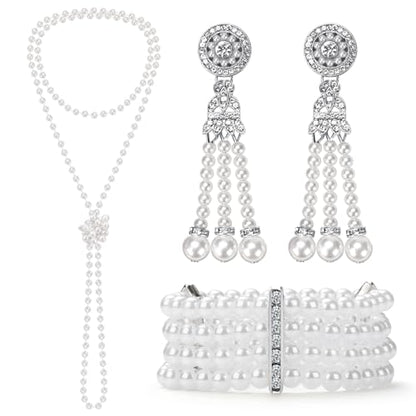 1920s Pearl Jewelry Set - Long Pearl Necklace, Earring Set, Multilayer Bracelet - Flapper Accessories for Women - color: Noble