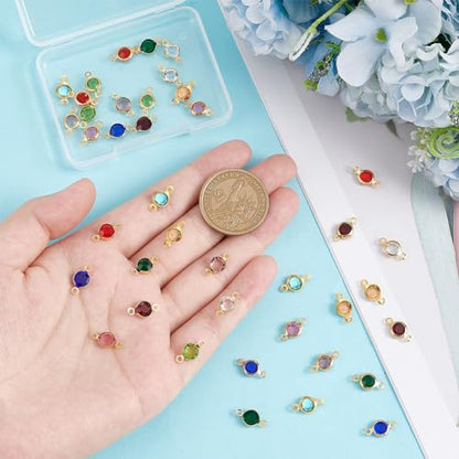 UNICRAFTALE 40pcs 10 Colors 1.5mm Hole 304 Stainless Steel Rhinestone Links Connectors Flat Round Birthstone Links Charm Glass Connector Charms Drop Dangle Pendant for Jewelry Earring Making