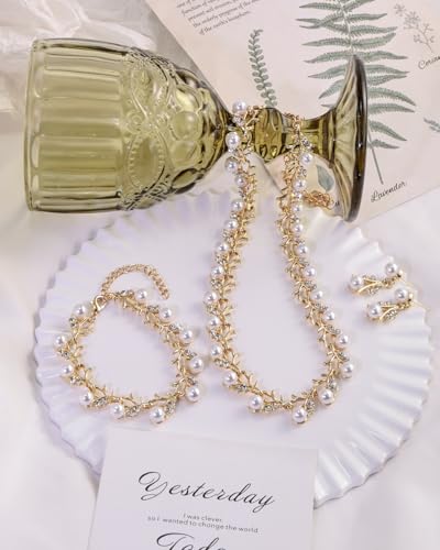 14K Gold Plated Pearl Jewelry Set for Women - 3 Piece Wedding Jewelry Sets with Necklace Earring Bracelet, Crystal Accented Pearl Bridal Set for Wedding