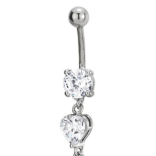 COOLSTEELANDBEYOND Steel Belly Chain Belly Button Ring Body Jewelry Piercing Navel Ring with Long Dangle Cubic Zirconia - color: A-Metal Color: Silver