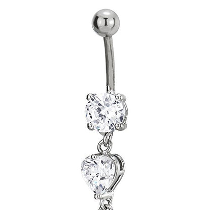 COOLSTEELANDBEYOND Steel Belly Chain Belly Button Ring Body Jewelry Piercing Navel Ring with Long Dangle Cubic Zirconia - color: A-Metal Color: Silver