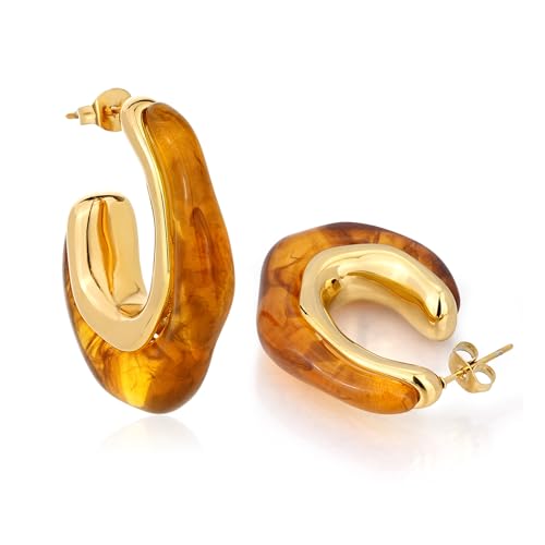 Enamel Hoop Earring for Women 18k Gold Plated Chunky Two-Tone U/C Shaped Earring Enamel Jewelry Gift for Wife Girlfriend - color: Brown 2