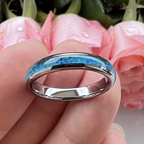 TUTISS 4mm Silver/Black Tungsten Rings for Women Men Engagement Wedding Bands Genuine Blue Green Galaxy Opal Inlay Domed Polished Comfort Fit - color: 4mm Tungsten Blue Opal