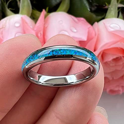 TUTISS 4mm Silver/Black Tungsten Rings for Women Men Engagement Wedding Bands Genuine Blue Green Galaxy Opal Inlay Domed Polished Comfort Fit - color: 4mm Tungsten Blue Opal