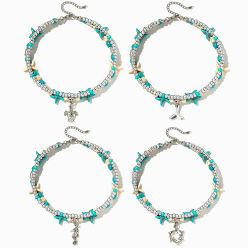 Starain Blue Turtle Anklets for Women Multilayer Beads Handmade Beach Ankle Bracelet Set Boho Foot Jewelry - color: 4Pcs Anklet Set