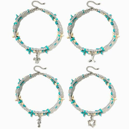 Starain Blue Turtle Anklets for Women Multilayer Beads Handmade Beach Ankle Bracelet Set Boho Foot Jewelry - color: 4Pcs Anklet Set
