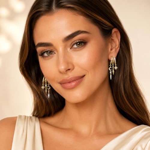 Sonateomber Gold Silver Small Hoop Dangle Earrings for Women, Trendy Dainty Rhinestone CZ Dangling Prom Wedding Leaf Flower Snowflake Butterfly Starfish Fashion Jewelry Gift - color: Celestial Star