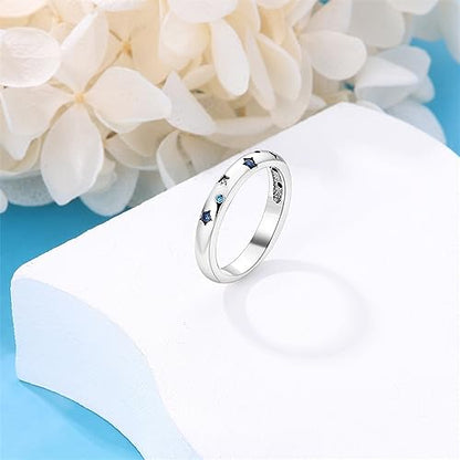 KUNSIR 925 Silver Cubic Zirconia Ring Size 7-9 Wedding Band Sterling Silver Eternity Ring Modern Style - style: Blue and Silver Stars Ring