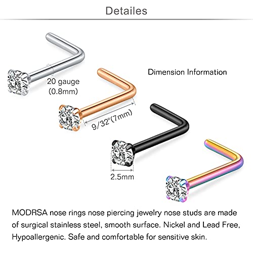 MODRSA 20g Nose Rings Hoops Nose Studs for Women Surgical Steel Hypoallergenic 20 Gauge Nostril Piercing Jewelry L Shape Crokscrew Silver Rose Gold Black Hoop Nostril Rings for Men - color: L Shape 20g - Silver, Rose Gold, Black, Rainbow