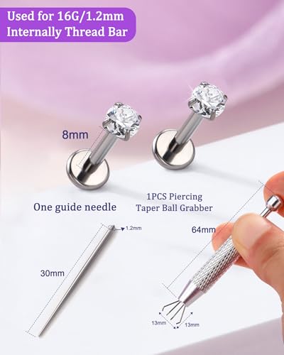 2PCS 20G/18G/16G Titanium Flat Back Nose Studs Internally Thread Cartilage Earring Studs Clear CZ Helix Tragus Earrings for Women Medusa Labret Stud Conch Piercing Jewelry Hypoallergenic - size: 1.2*8mm