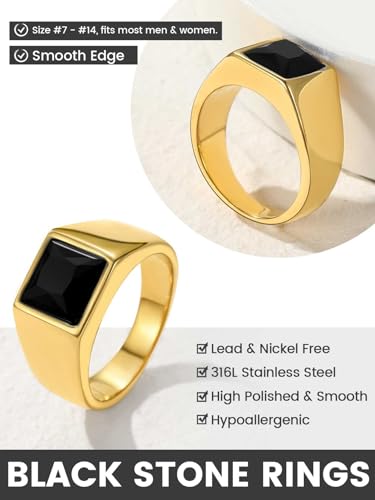 KeyStyle Square Gemstone Signet Rings for Men, Personalized Stainless Steel Pinky Ring with Black Onxy Blue Topaz Birthstone Statement Ring - color: Gold -Black Onyx - 8mm