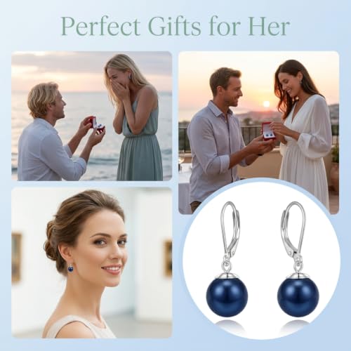 Pearl Leverback Earrings for Women Dangle Round Gemstone Earrings Birthstone Jewelry Gift Anniversary for Her - color: 20 Navy Blue Pearl