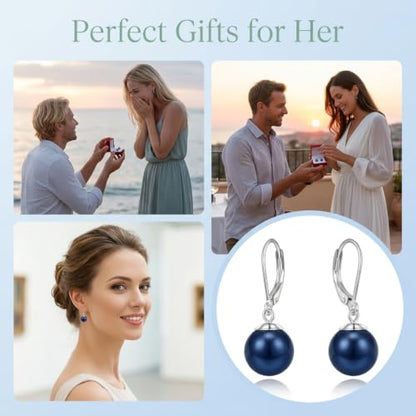 Pearl Leverback Earrings for Women Dangle Round Gemstone Earrings Birthstone Jewelry Gift Anniversary for Her - color: 20 Navy Blue Pearl