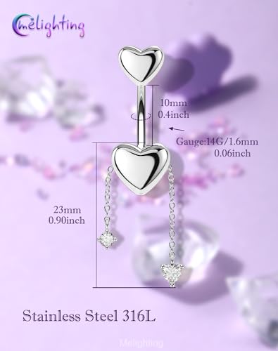 Melighting 14G Gold Belly Button Ring Dangle Chain, 10 mm Stainless Steel Belly Piercing Jewelry with CZ Heart Star Design, Cute Silver Navel Ring for Beach Daily Wear Women - color: Steel Heart