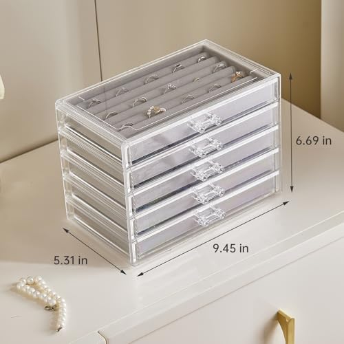 Acrylic Jewelry Box with 5 Drawers, Clear Earring Holder Organizer Rings Display Case with Adjustable Velvet Trays for Women Girls, Grey - color: Grey