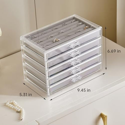 Acrylic Jewelry Box with 5 Drawers, Clear Earring Holder Organizer Rings Display Case with Adjustable Velvet Trays for Women Girls, Grey - color: Grey