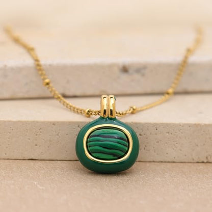 Jean Beau Gold Stone Pendant Necklaces for Women, Chunky Gemstone Dangle Necklace Wedding Prom Fashion Jewelry Gift - color: Malachite