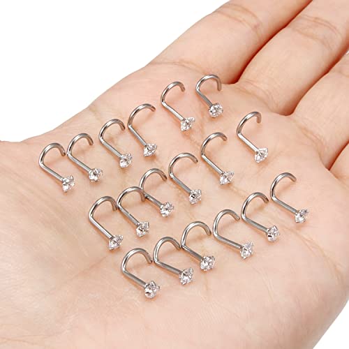 18G 20G 22G Nose Rings Studs with Cubic Zirconia 316L Surgical Steel Straight Screw L Shaped Nose Studs Piercing Jewelry for Women Men Girl CZ 1.5mm 2mm 2.5mm 3mm 20Pcs - color: B:18G Screw- Silver 3mm