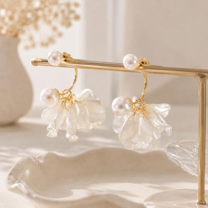 White Petal Pearl Drop Earrings for Women, Irregular Shell Flower Dangle Earrings with Gold Hoop, Elegant Statement Jewelry for Wedding Party