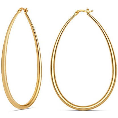 Milla Oval Hoop Earrings for Women | Elegant Polished 14K Gold, Rose Gold or Silver Plated Hoops with Secure Latch Closure, Hypoallergenic & Lightweight - color: 14K Gold Plated / 2.8 in - X-LARGE