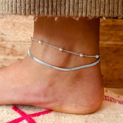 Waterproof Ankle Bracelets for Women Gold Anklets Non Tarnish Pearl/Figaro/Cuban/Snake Chain Anklet Adjustable Anklets for Womens Summer Beach Anklet Foot Jewelry for Women Gift - color: Pearls-Silver