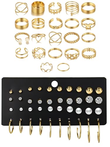 KOSMOS-LI 60 PCS Gold Plated Jewelry Sets with Costume Necklaces, Bracelets, Earrings, Knuckle Rings for Women - color: 60gold