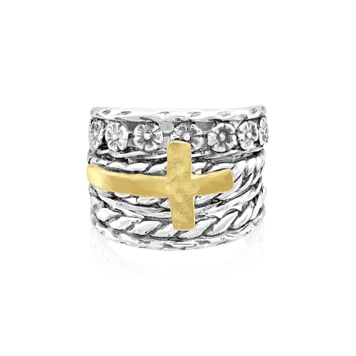 JEAN RACHEL JEWELRY 925 Sterling Silver Mixed Metal Cross Ring, Two-Tone Textured Wide Hammered Statement Band for Women