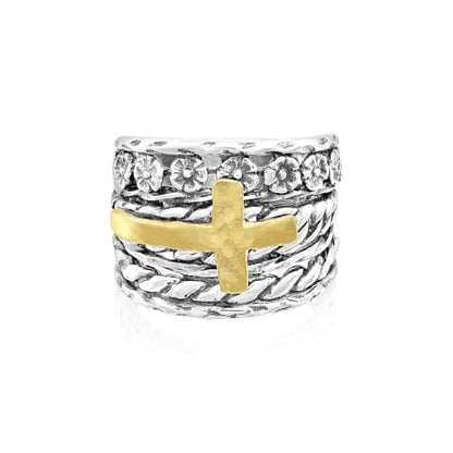 JEAN RACHEL JEWELRY 925 Sterling Silver Mixed Metal Cross Ring, Two-Tone Textured Wide Hammered Statement Band for Women