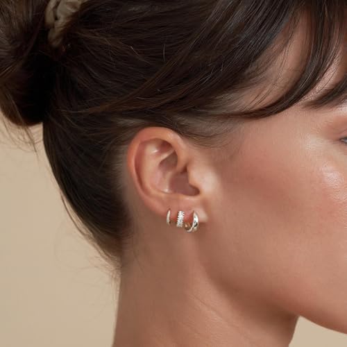 3 Pairs Huggie Hoop Earring Set 18K Gold Plated Cubic Zirconia Cartilage Earrings, Multi Piercings Ear Jacket Earring Climber Stud Earring for Women Everyday Earrings - color: 3 CZ Gold