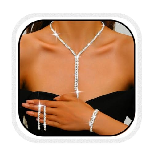 Silver Bridal Wedding Jewelry Sets Rhinestone Necklace Earrings Bracelet Set Prom Formal Costume Jewelry Sets for Women and Brides - color: Silver
