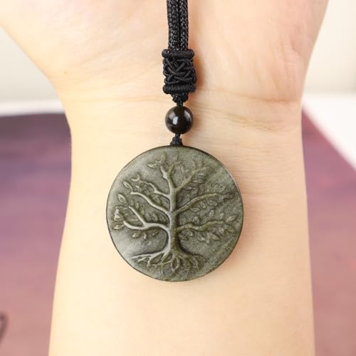 Anjiucc Natural Gemstone Tree of Life Black Obsidian/Golden Obsidian Pendant Necklace for Male and Female Necklace - color: Gold Sheen Obsidian