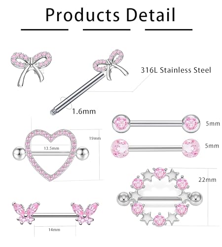 Suotarn 14G INNINipple Rings for Women 316L Stainless Steel Heart Cherry,Star Butterfly Nipple Barbell CZ Cute Nipple Rings Set Nipplerings Piercing Jewelry - color: pink