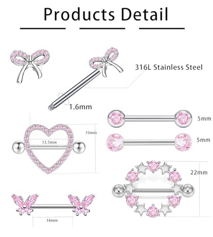 Suotarn 14G INNINipple Rings for Women 316L Stainless Steel Heart Cherry,Star Butterfly Nipple Barbell CZ Cute Nipple Rings Set Nipplerings Piercing Jewelry - color: pink