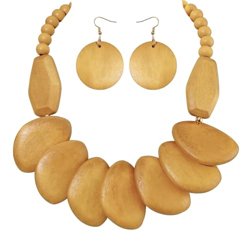 Coiris Chunky Wooden Necklace and Earring Set for Women Boho Statement Jewelry Ethnic Accessories - color: Beige