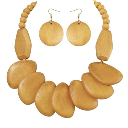 Coiris Chunky Wooden Necklace and Earring Set for Women Boho Statement Jewelry Ethnic Accessories - color: Beige