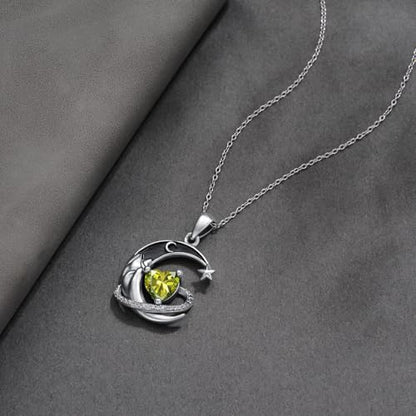 I Love You to the Moon and Back Necklace 925 Sterling Silver Black Crescent Moon Star Pendant with Heart Birthstone Necklace Anniversary Gothic Jewelry Gifts for Women Wife Lovers - color: 08-Aug-Peridot