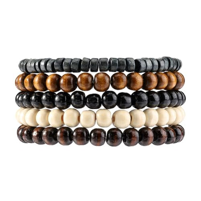 Mens Beaded Bracelets Tribal Wooden Elastic Adjustable Prayer Beads Wrap Cuff for Women - color: P: 5pcs