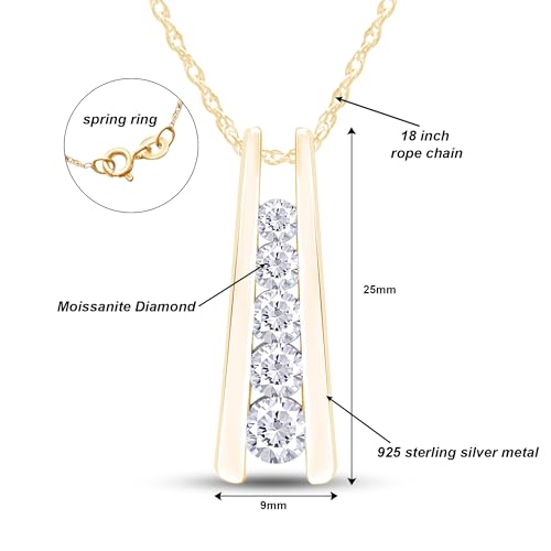 Five Stone Journey Bar Pendant Necklace Women 925 Sterling Silver 1.25 CT | Round Moissanite or Lab Grown Diamond, 14K Gold Over Sterling Silver With 18" Chain - color: Moissanite