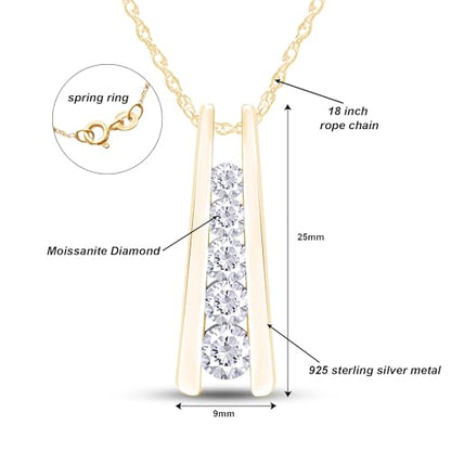 Five Stone Journey Bar Pendant Necklace Women 925 Sterling Silver 1.25 CT | Round Moissanite or Lab Grown Diamond, 14K Gold Over Sterling Silver With 18" Chain - color: Moissanite