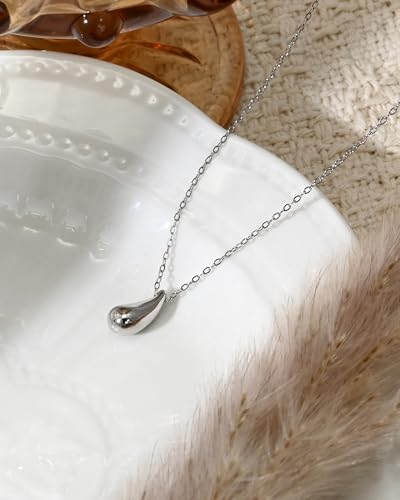 Silver Teardrop Pendant Simple Minimalist Necklace Stainless Steel Thin Adjustable Dainty Necklace Chain for Women