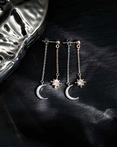 Moon and Star Dangle Earrings | Chain Tassel with Cubic Zirconia Drop Front and Back Earrings Celestial Jewelry for Wedding Gift - color: Rose Gold and Silver
