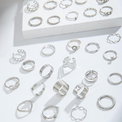 Gold Rings for Women Non Tarnish Stackable Rhinestone Moon Star Rings Dainty Stacking Pearl Butterfly Midi Pinky Thumb Joint Finger Knuckle Ring Set Gold Non Tarnish Jewelry Gifts Trendy Stuff - color: B Silver Stackable Rings 30Pcs