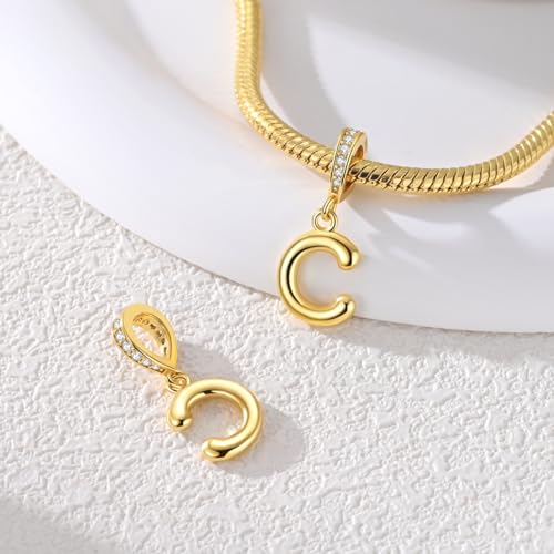 Hapour Gold Initial Letter Charms 925 Sterling Silver Alphabet Beads | 14K Gold Plated, A-Z Letter Charms, For Bracelets Necklace, Cubic Zirconia, DIY Dangle Pendant Beads, For Women Mom - color: Golden initial letter C