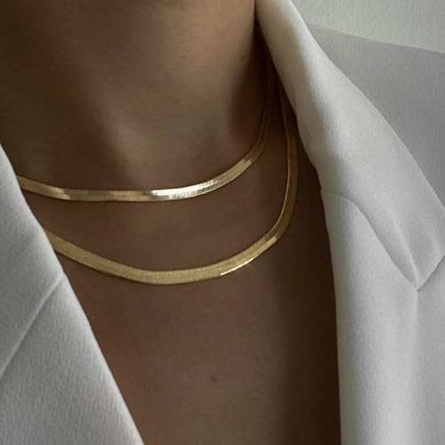 14K Gold Plated Chain Necklace for Women Trendy - 925 Sterling Silver Clasp | Waterproof Dainty Choker Necklace, 14/16/18/20 inch Thin Simple Box Figaro Chain Herringbone Necklace Jewelry for Women Men - color: Herringbone 5mm