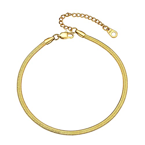 Adjustbale Link Chain Anklet for Women Summer Jewelry, 316L Stainless Steel Figaro/Wheat/Twist Rope/Cuban Foot Bracelet-Waterproof, Resizable 9"-12" (Gift Box Included) - color: 6, Herringbone - Gold-3mm
