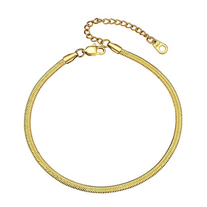 Adjustbale Link Chain Anklet for Women Summer Jewelry, 316L Stainless Steel Figaro/Wheat/Twist Rope/Cuban Foot Bracelet-Waterproof, Resizable 9"-12" (Gift Box Included) - color: 6, Herringbone - Gold-3mm